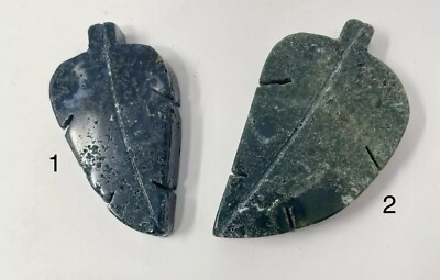 2 Dark Green Moss Agate Leaves Crystal Carvings ''Christmas Decor''