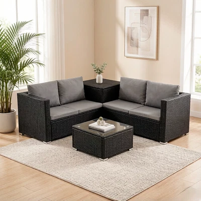 Rattan Corner Garden Furniture Set with Table & Storage Box Outdoor Dining Sofa - Image 1 of 4