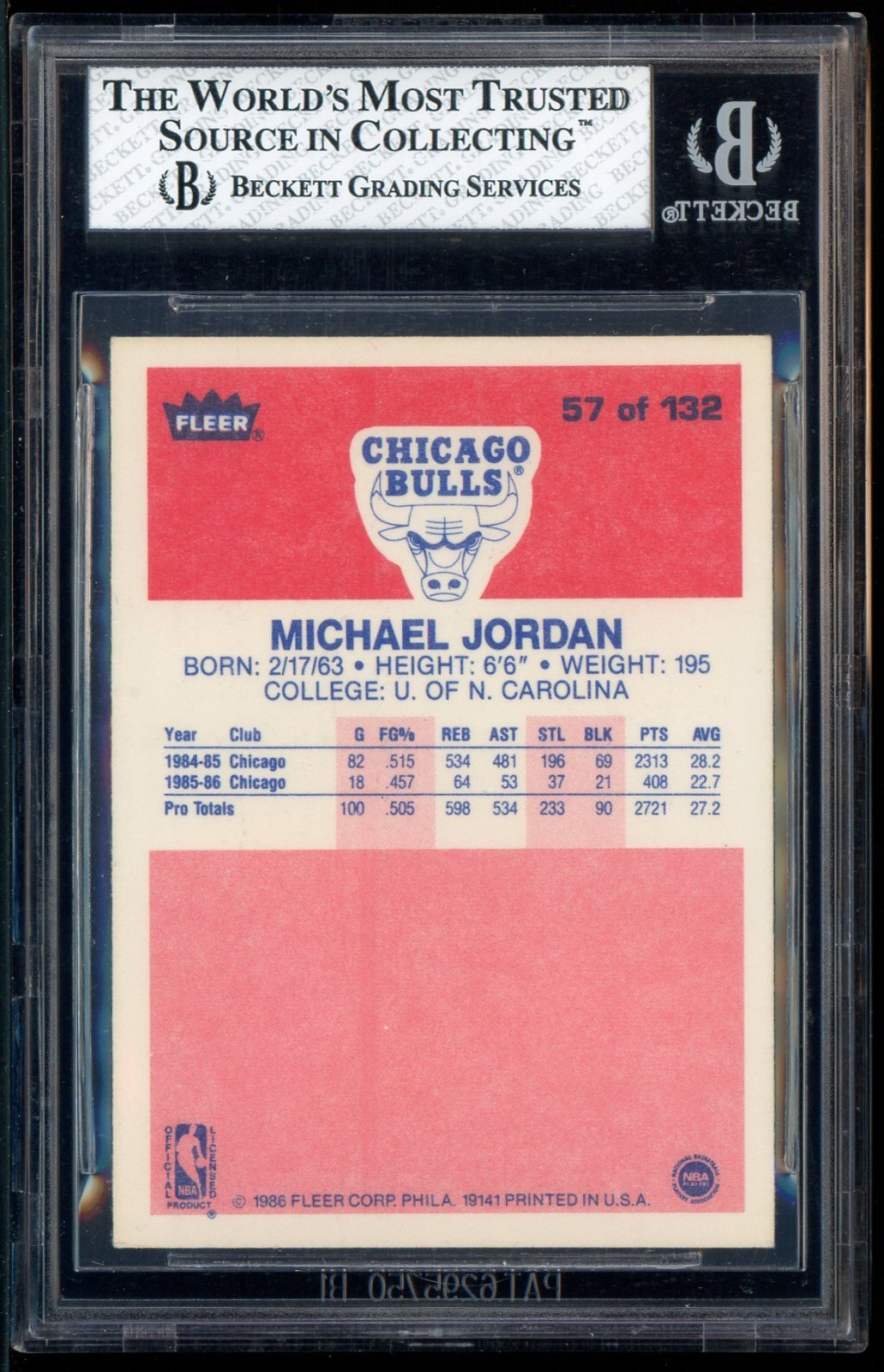 1986-87 Fleer #57 Michael Jordan RC Rookie HOF BGS 7.5 w/ 9.5 " DEAD CENTERED " view 2