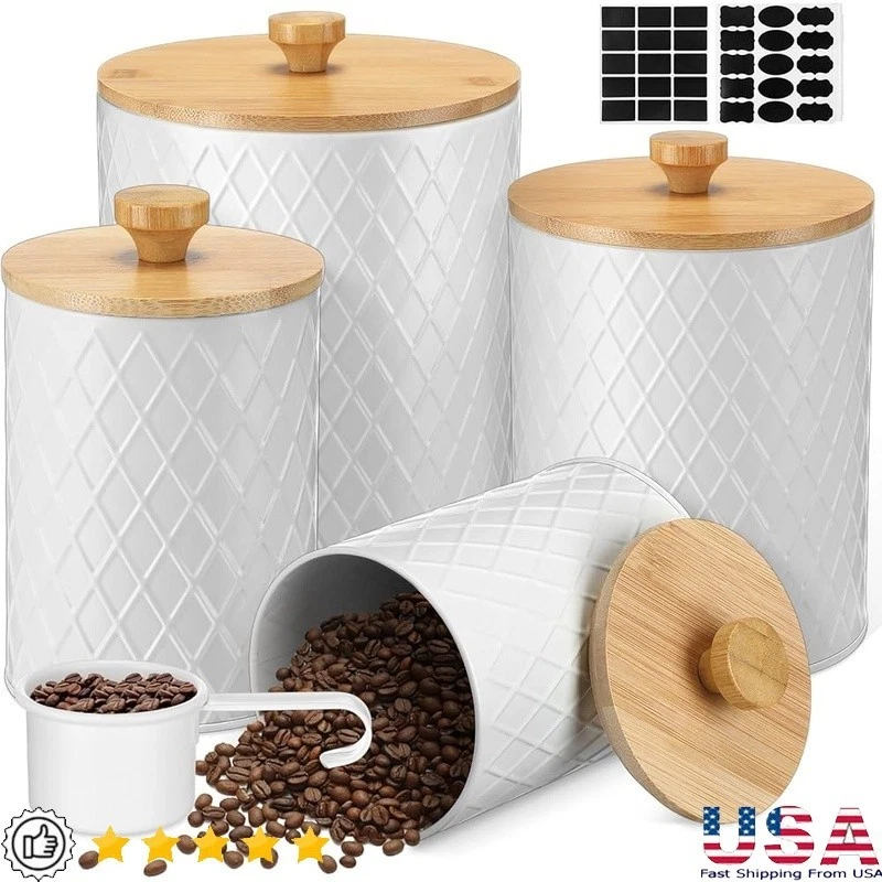 Airtight Kitchen Canisters Set of 4 Food Storage Jars W/ Labels & Spoon New