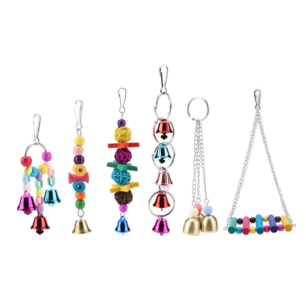 6pcs/Set Colorful Wooden & Metal Pet Bird Swing Toy Bells Cage Hanging Sw
