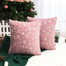 2 Pc Pink Snowflake Faux Fur Throw Pillow Covers