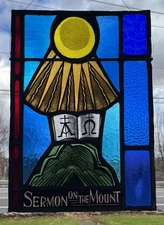 ANTIQUE CHURCH WINDOW "The Sermon On the Mount" FIRED PAINTED GLASS 1940s NYC
