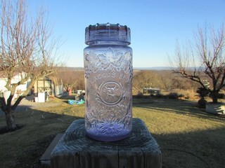 Vintage Amethyst FLACCUS BROS "STEERS HEAD" Glass Fruit Jar w/SIMPLEX Glass Lid
