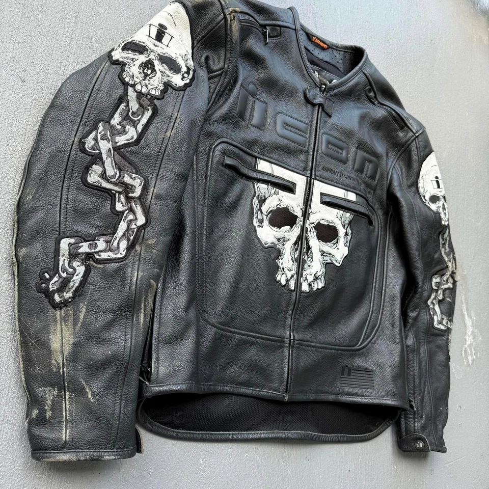 Chaqueta de cuero Icon Skull motociclista ventilada/bolsillos L Foto 3 de 4