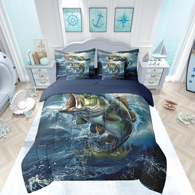 Feelyou Pike Fish Queen Comforter Set Sheets 7 Piece Bass Big Fish Bedding Set