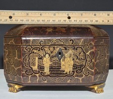 19th c Antique Chinese Export Gilt Lacquer Wood Tea Caddy Box