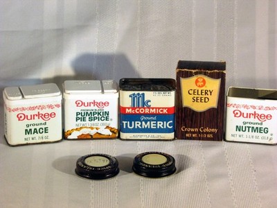 Lot of 4 Spice Tins 1 Box Pumpkin Durkee Mace Crown Colony Celery
