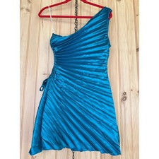 NWT Lulus Constantly Poised Teal Satin Pleated One-Shoulder Mini Dress Party S