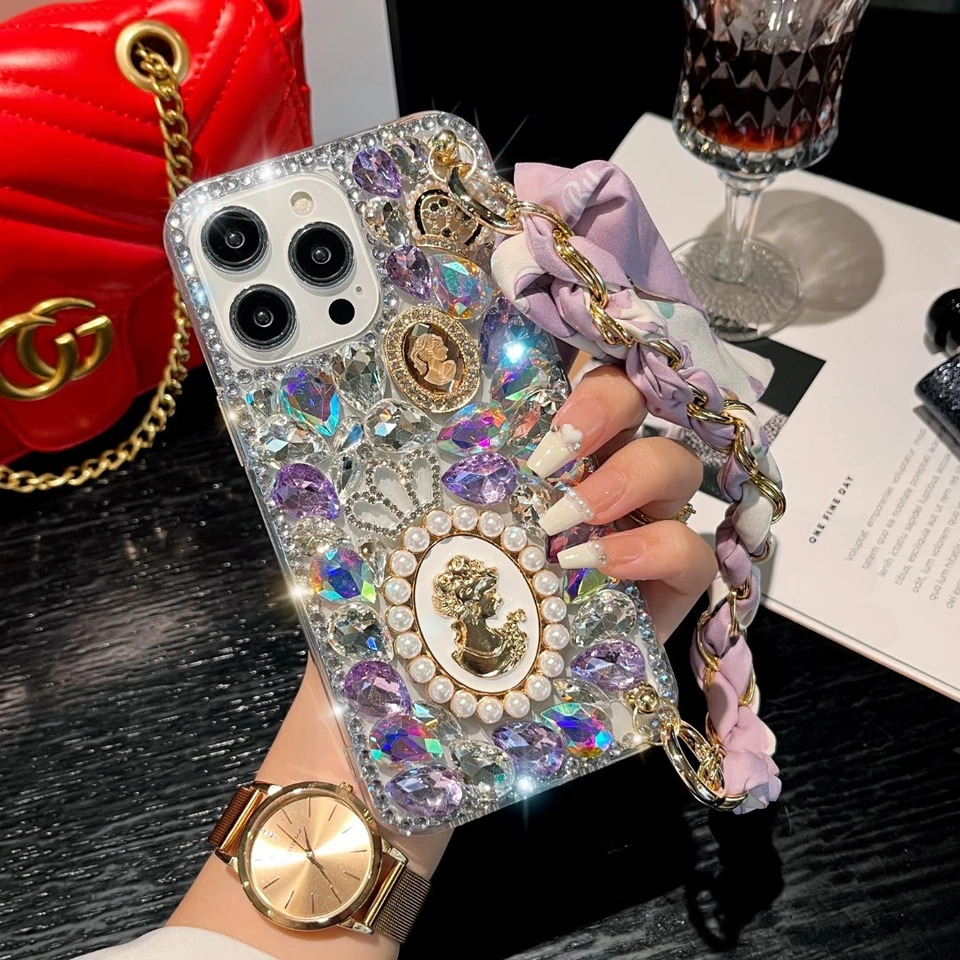 IPhone 17 16 15 Pro Max Case Rhinestone Queen Bling Mirror Wrist Strap Cover - Image 3 of 4