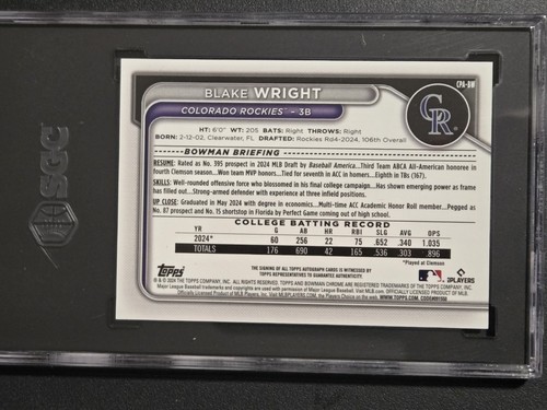 2024 Bowman's Draft Blake Wright Auto True Yellow Refractor/75 SGC 10 Auto 10 - Afbeelding 3 van 3