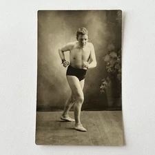 Antique RPPC Real Photograph Postcard Handsome Man Wrestler Sports Trunks