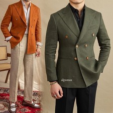 100 Linen Mens Peak Lapel Blazer Double Breasted Coat Suit Jacket Formal Casual