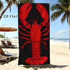 Beach Towel, Bold Red Lobster on Black Print,...