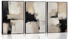 3PC Beige Abstract Wall Art Large Modern Minimalist Posters Prints Black Brow...