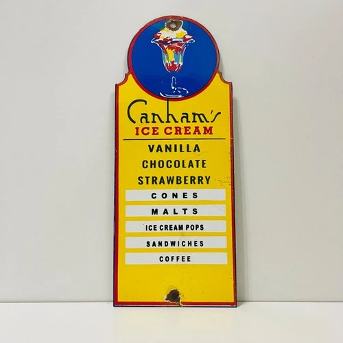 Canhams Ice Cream Porcelain Enamel Classic Vintage Dairy Sign 4" x 10" Inch