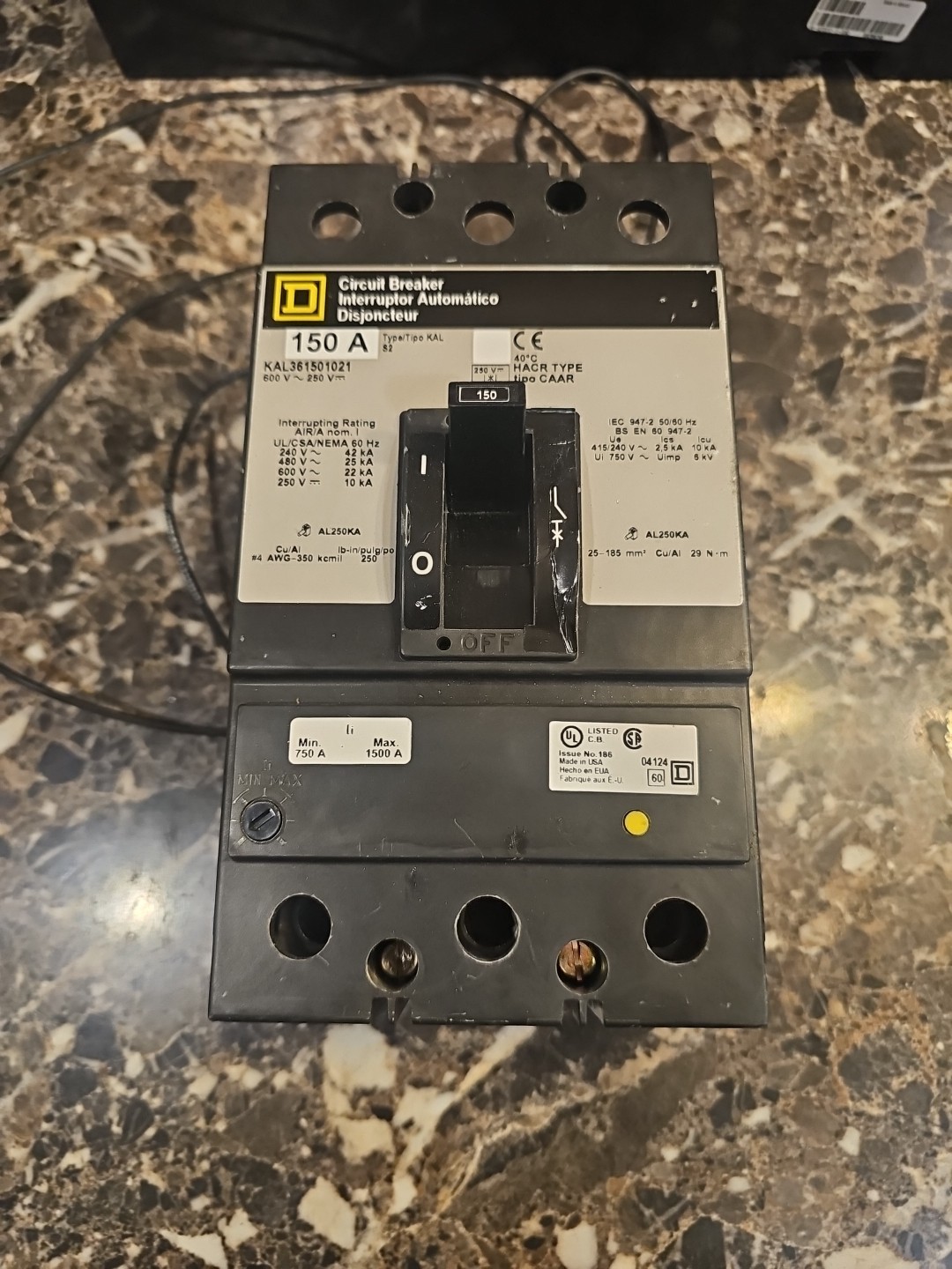 SQUARE D KAL CIRCUIT BREAKER KAL361501021 150AMP 600VOLT 3POLE GRAY W/SHUNT
