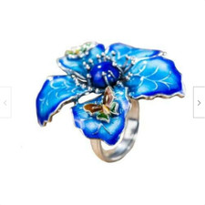 Nice Retro Cloisonne Enamel Peony Flower lapis lazuli Silver S925 Ring S925 AS68