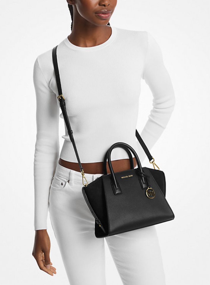Michael Kors Avril Small Black Pebbled Leather Top Zip Satchel Crossbody Convertible Handbag