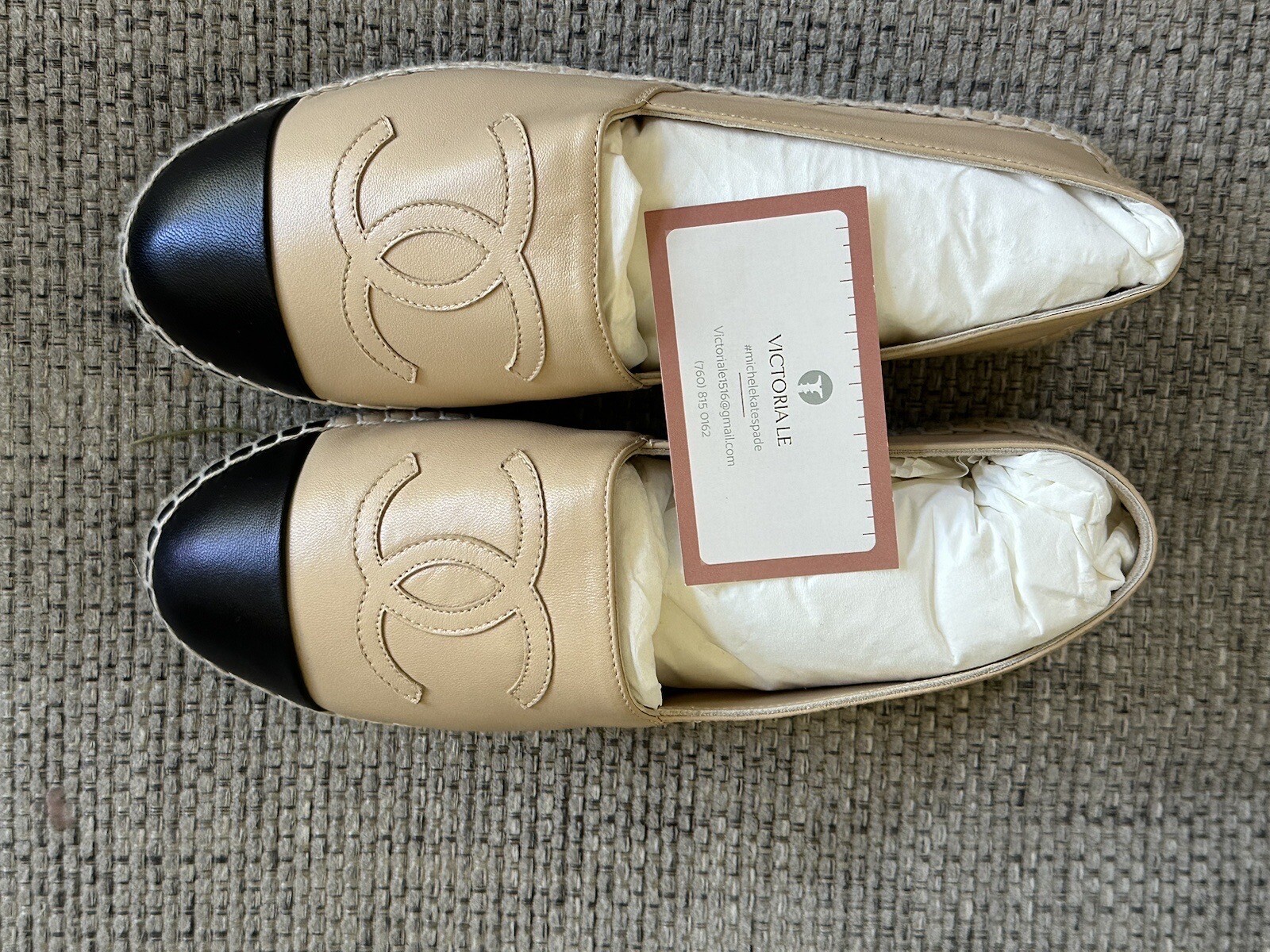 size 37EU NIB CHANEL Beige & Black Lambskin Espadrilles w/Receipt image 6