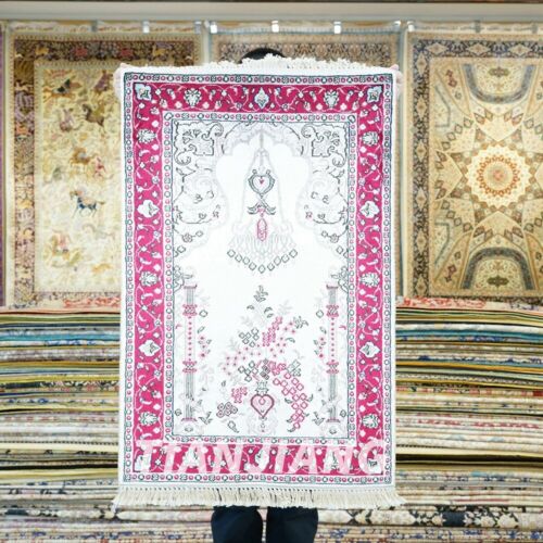 2x3ft White Handmade Silk Classic Rug Classic Hand woven Area Carpet YJH276AB - Picture 1 of 8