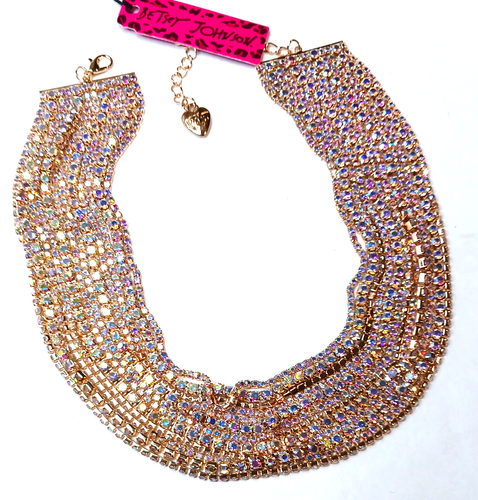 Glamor GOLD Multi Chain AB RHINESTONE Choker Betsey Johnson Statement Necklace - Picture 2 of 14