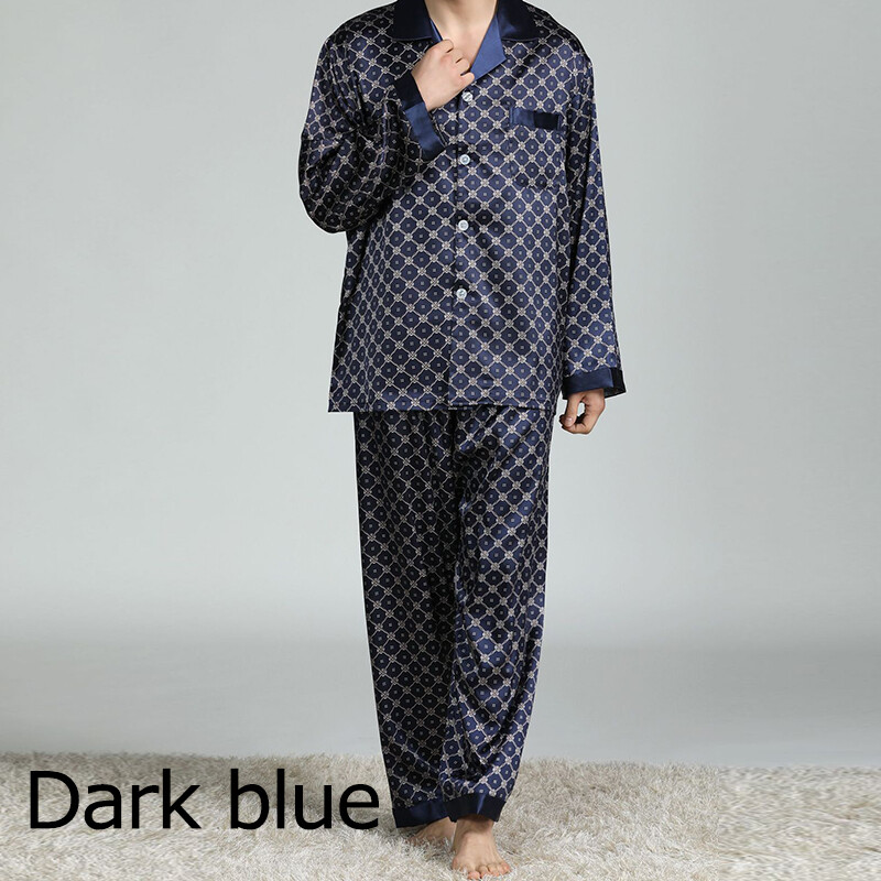 Set Pigiama In Seta Da Uomo | Set Pigiama In Raso Blu Camicia Da Notte Comoda Biancheria Da Notte Leggera Elegante Abbigliamento Per La Casa Tinta Unita Camicia Da Notte Elasticizzata Colletto - Foto 9