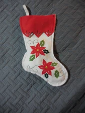 Red and White Felt Christmas Stocking Poinsettias 15"