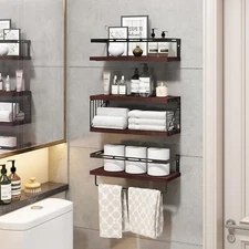 3+1 Bathroom,  Kitchen Floating Wall Shelves w Metal Frame, Towel Bar Dark Brown