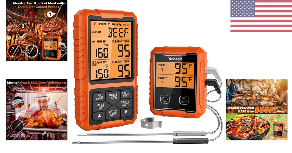 Digital Meat Thermometer - Wireless, Remote Range of 500FT, Dual Probes