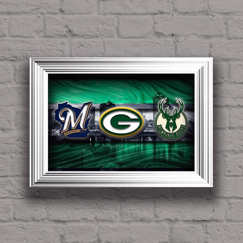 Milwaukee Wisconsin Sports 8x10in Art Green Bay Packers Brewers Bucks