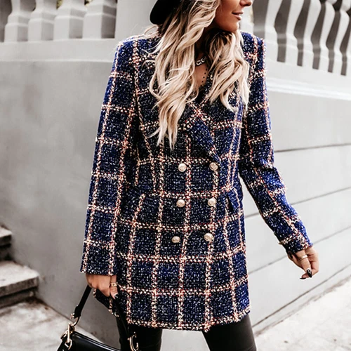 Women's Stylish Check Print Wool Blazer Coat Ladies Long Sleeve Collared Jacket - Picture 4 of 52