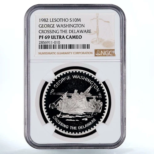 Lesotho 10 maloti Anniversary Washington Crossing Delaware PF 69 NGC silver 1982