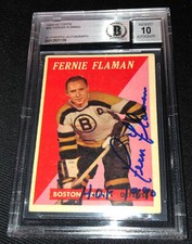 FERNIE FLAMAN SIGNED 1958-59 TOPPS #56 CARD BECKETT BRUINS 00012521135 AUTO 10