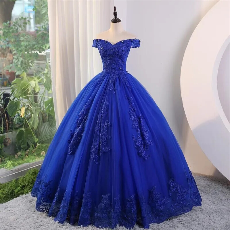 Royal Blue Lace Off the Shoulder Quinceanera Dresses with Flowers Royal Blue / 2