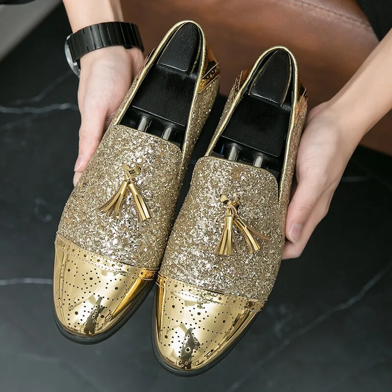 Glitter Gold Dress Shoes For Prom Prom Shoes Gold Sequin Loafers