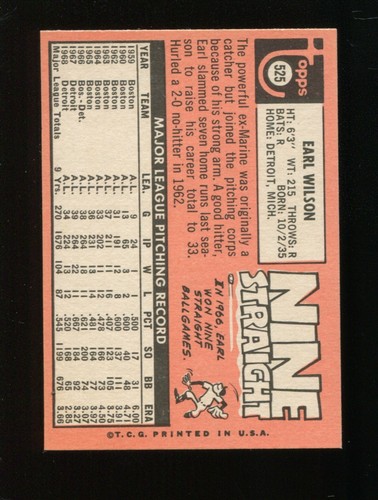 1969 TOPPS SET BREAK # 525 EARL WILSON NM-MT HIGH GRADE - Picture 2 of 2