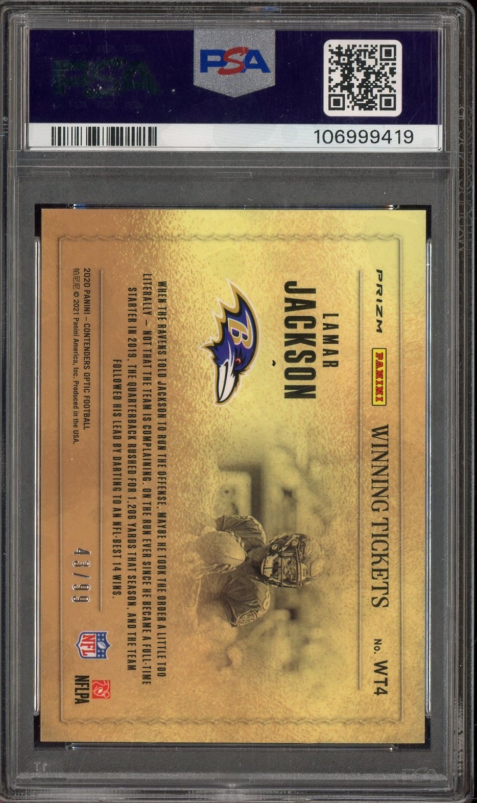2020 Panini Contenders Optic Winning Tickets Blue Lamar Jackson 43/99 PSA 10 view 2