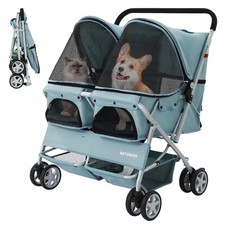 Double Pet Stroller for Small Dogs Cats Side by Side Light Blue