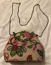 Floral Beaded Top Handle Bag Kiss Lock Chain Strap Silver Hardware Pockets