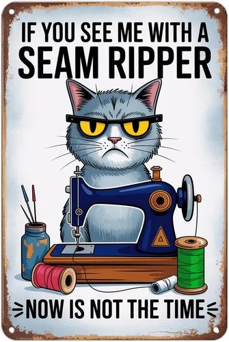 Funny Grumpy Cat Seamstress Sewing Machine Tin Metal Signs Home Décor, Vintage C