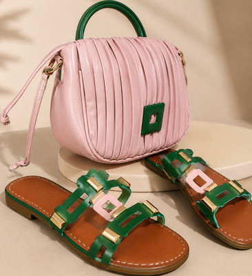 Women s AKA Pink Satchel Bag, Green Accent, Top Handle, Detachable Strap, Gold