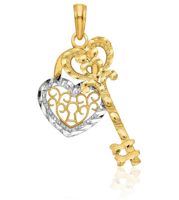 10K massives Gelbgold großes filigranes Herz Schloss Schlüssel Anhänger Halskette 30,2 mm