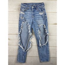 American Eagle Womens Mom Jeans 0 Short Destroyed Denim High Rise Stretch