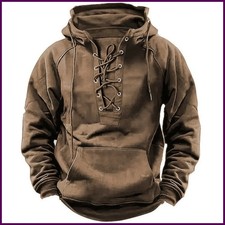 2025 Mens Winter Outdoor Casual Jacket Retro Lace-Up Loose Fit Hooded Sweatshirt