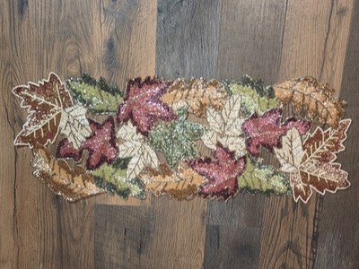 Beaded Fall Leaf Table Runner 13x35 Autumn Thanksgiving Harvest Decor