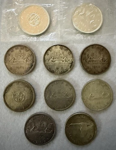 Canadian Silver Dollars LOT 10 Coins 1967 or Earlier BU/Circ 6TROY Oz Silver