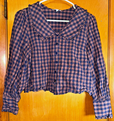 Calista Brown Navy Gingham Plaid Oversized Peter Pan Collar Crop Blouse Small