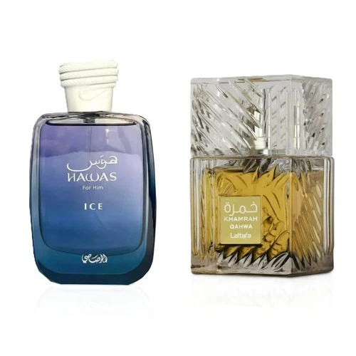 Hawas Ice by Rasasi EDP 3.4 oz for Men and Khamrah Qahwa by Lattafa EDP 3.4 oz for Men and Women