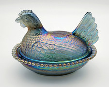 Indiana Glass Iridescent Blue - Carnival Style - Hen On Nest - 7